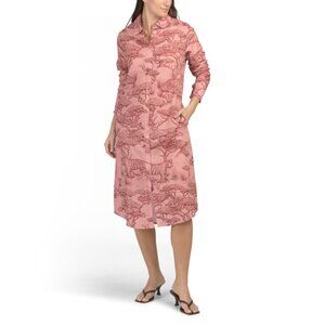 LAS SURENAS Pink Linen Blend Safari Print Midi Shirt Dress